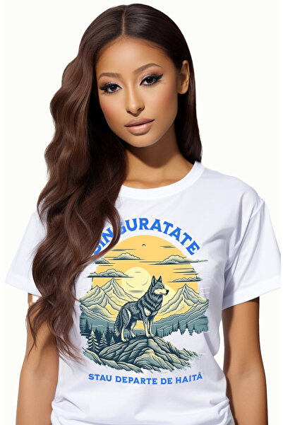 StoryGift Romania Tricou Femei Lup pe munte mesaj singuratate departe de haita cu imprimeu pe Fata WHT_XL