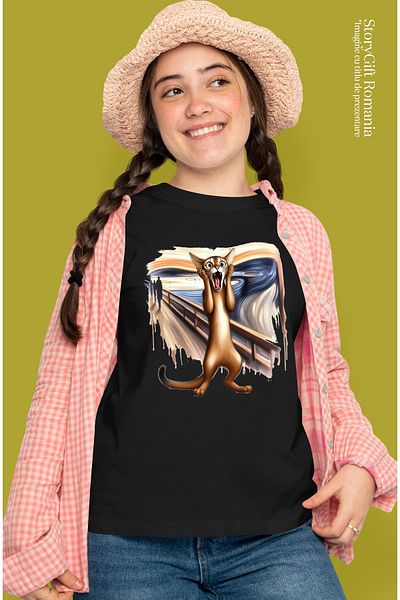 StoryGift Romania Tricou Femei Cu O Pisica Speriata, Ilustratie, Uimita, Sta In 2 Labe, Pictura Ce Blk_l