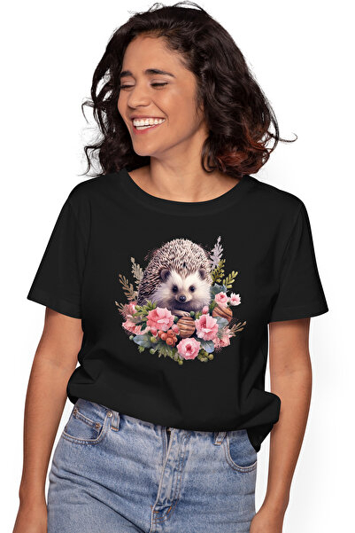 StoryGift Romania Tricou Femei cu un arici in natura, ilustratie, curios, flo...