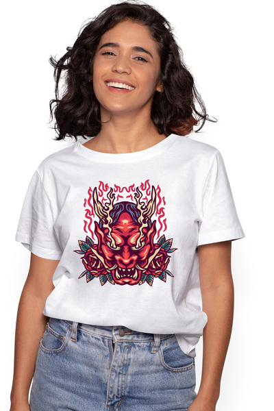 StoryGift Romania Tricou Femei Cu Monstru, Masca Oni, Flacari, Trandafiri, Fr...