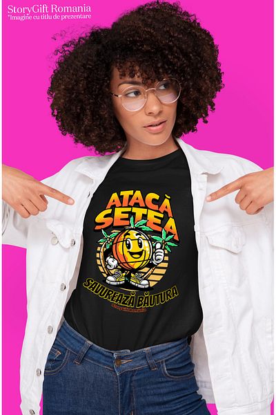 StoryGift Romania Women's T-Shirt Attack the thirst, enjoy the orange beach drink with print on the front, BLK_L