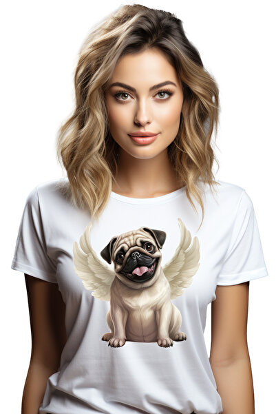 StoryGift Romania Tricou Femei cu un catel Pug care are aripi albe, ilustrati...