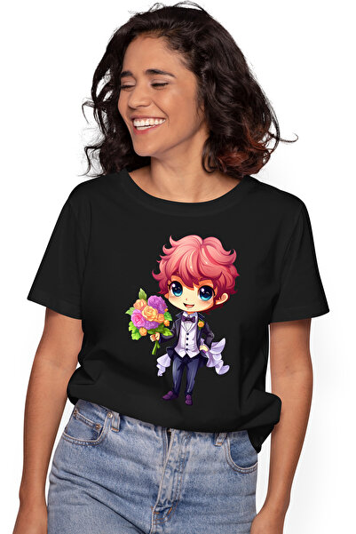 StoryGift Romania Tricou Femei cu un ginere care tine un buchet cu flori, ilu...