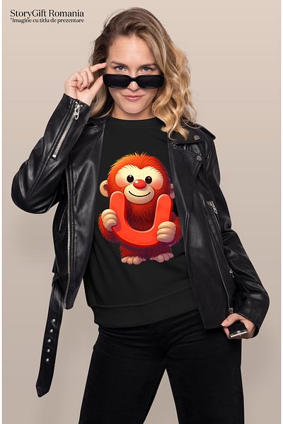 StoryGift Romania Women's T-shirt with an orangutan with the letter "U", illustration, for children, school, el BLK_L,STG62651