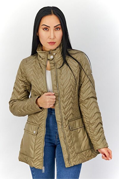 VIA SPIGA Women High Neckline Long Sleeve Quilted Jacket, Olive