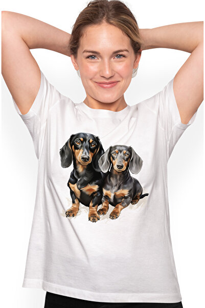 StoryGift Romania Tricou Femei cu 2 catei Dachshund, ilustratie, bucurie, cur...