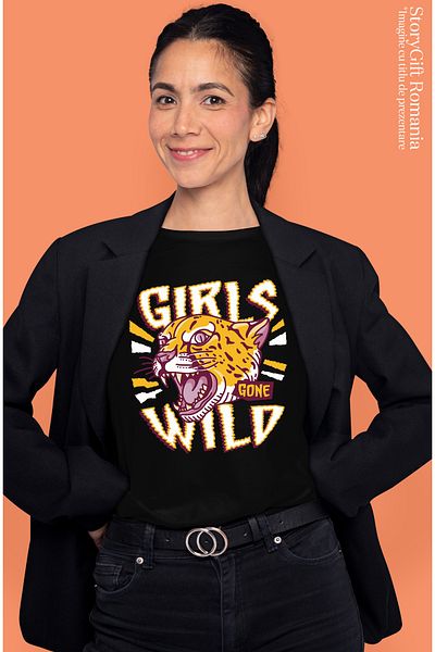 StoryGift Romania Tricou Femei Cu Text In Engleza Girls Gone wild, Tigru Urland, Fetele Devin Nebu BLK_L