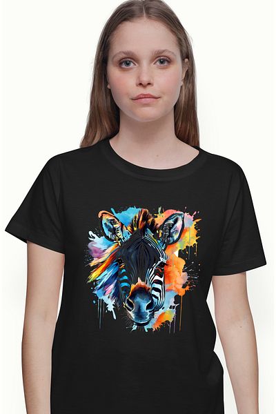StoryGift Romania Women's T-shirt with a zebra, illustration, wild animal, abstract, color spots BLK_L