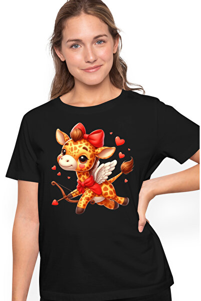 StoryGift Romania Tricou Femei cu o girafa Cupidon, ilustratie, trage cu arcul, aripi, zboara, ini BLK_XL