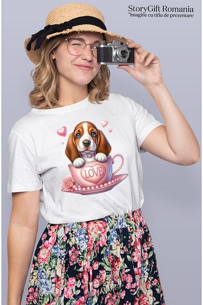StoryGift Romania Women's T-shirt with a puppy with long ears, illustration, sitting in a cup, happy WHT_L