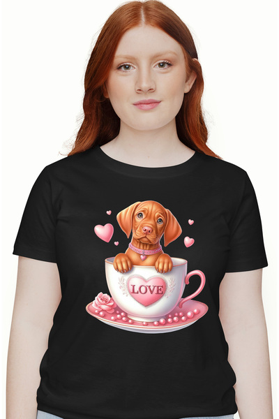 StoryGift Romania Tricou Femei cu un catel fericit, ilustratie, inimi, timid,...