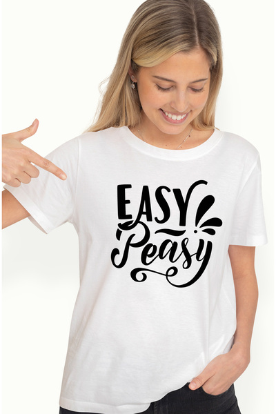 StoryGift Romania Tricou Femei cu textul in engleza "Easy-peasy" - floare la ureche cu imprimeu p WHT_XL