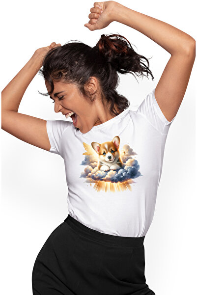 StoryGift Romania Tricou Femei cu un catelus care sta pe norisori, ilustratie, stelute, lumina din WHT_XL