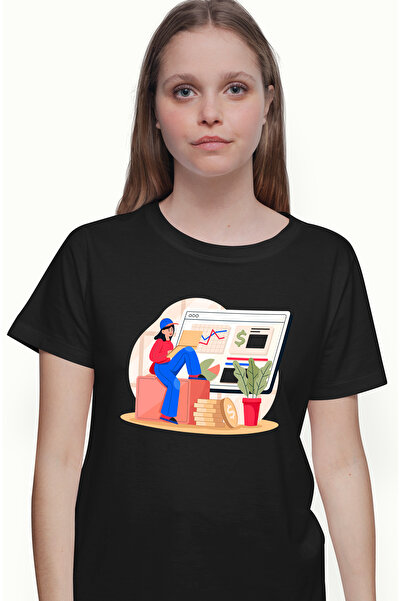 StoryGift Romania Tricou Femei Cu Grafice, Financiar, Monede, Laptop, Dolari, Multicolor cu impri BLK_XL