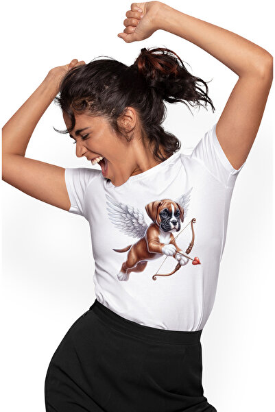 StoryGift Romania Tricou Femei cu un catelus timid Cupidon, ilustratie, aripi...