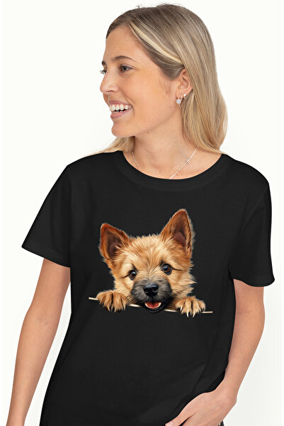 StoryGift Romania Tricou Femei cu un catel blanos, ilustratie, maro, se uita peste gard, jucaus, e BLK_XL