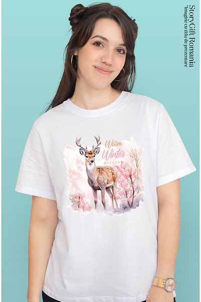 StoryGift Romania Tricou Femei cu cerb cu mesajul "Warm winter wishes", Craciun fericit, ilustrati WHT_XS