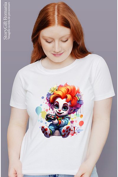 StoryGift Romania Women's T-shirt with a clown boy, illustration, color spots, holding a control WHT_L,STG