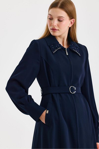 Zühre Collar Detailed Belted Navy Blue Overcoat 13591