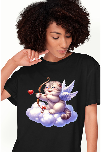 StoryGift Romania Tricou Femei cu o pisicuta vesela si grasuta, ilustratie, trage cu arcul, Cupido BLK_M