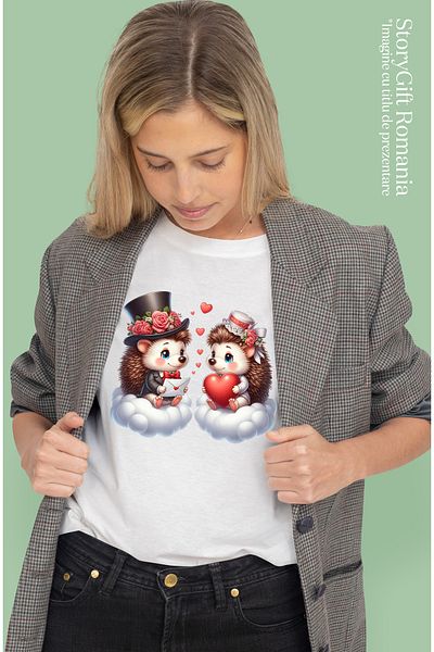 StoryGift Romania Tricou Femei cu 2 arici care stau pe norisori, ilustratie, inima in brate, scris WHT_XL