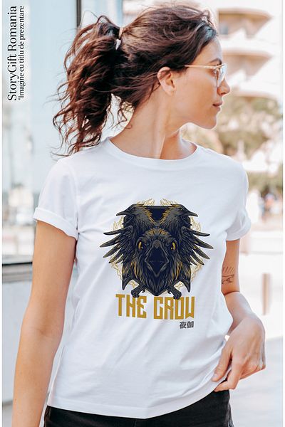 StoryGift Romania Tricou Femei Cu Corb In Zbor Portret Zoom, Text In Engleza The Crow, Text Chinez Wht_l