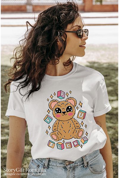 StoryGift Romania Tricou Femei Cu Ursulet De Plus Maro, Jucarie Pentru Copii, Animal Blanos, Iubit WHT_L