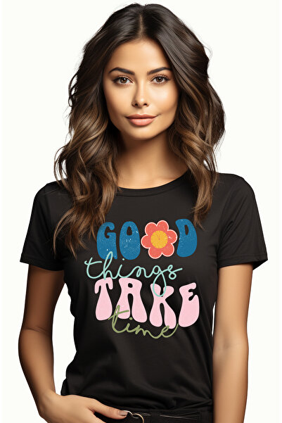 StoryGift Romania Tricou Femei cu mesajul "Good things take time", ilustratie, motivational, lucru BLK_XL