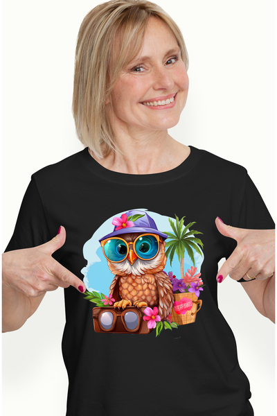 StoryGift Romania Tricou Femei cu o bufnita cu palarie si ochelari de soare, ...