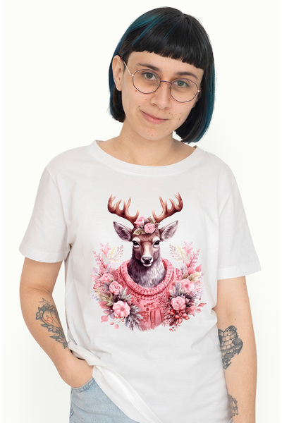 StoryGift Romania Tricou Femei cu un cerb imbracat gros, ilustratie, flori, f...