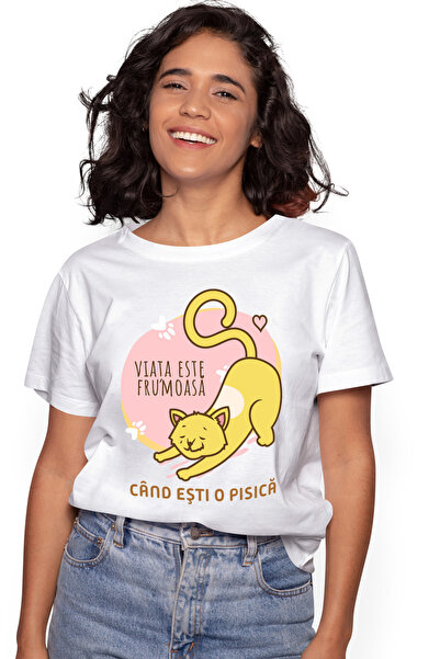 StoryGift Romania Tricou Femei Pisica somnoroasa, text VIATA ESTE FRUMOASA CAND cu imprimeu pe Fat WHT_XL