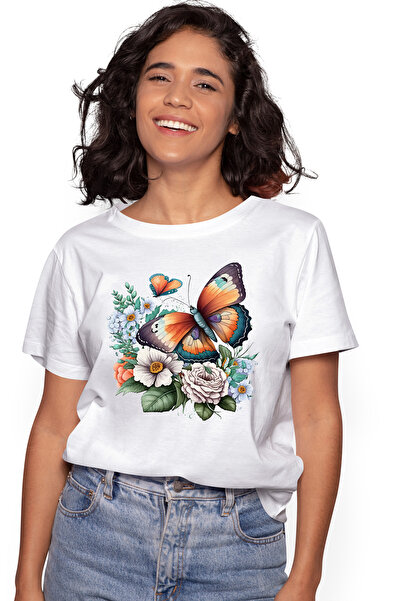 StoryGift Romania Tricou Femei cu 2 fluturasi in natura, ilustratie, floricel...