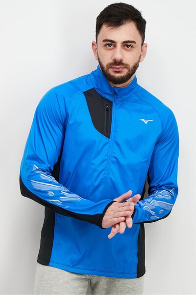 MIZUNO قميص رجالي رياضي برقبة عالية وشعار العلامة التجارية، أزرق