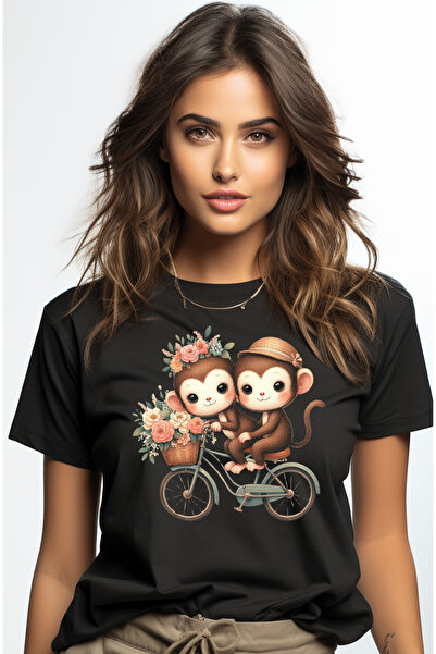 StoryGift Romania Tricou Femei cu 2 maimute care se plimba cu bicicleta, ilustratie, cos cu flori, BLK_XL