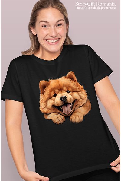 StoryGift Romania Tricou Femei cu un caine Chow Chow, ilustratie, limba scoasa, maro deschis, gras BLK_S