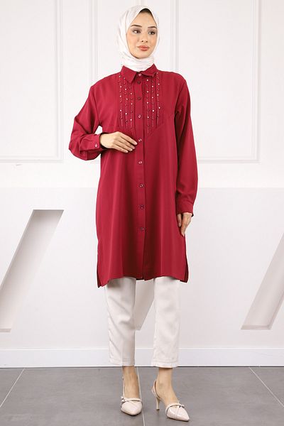 İmajButik Burgundy Front Stone Detailed Linda Tunic
