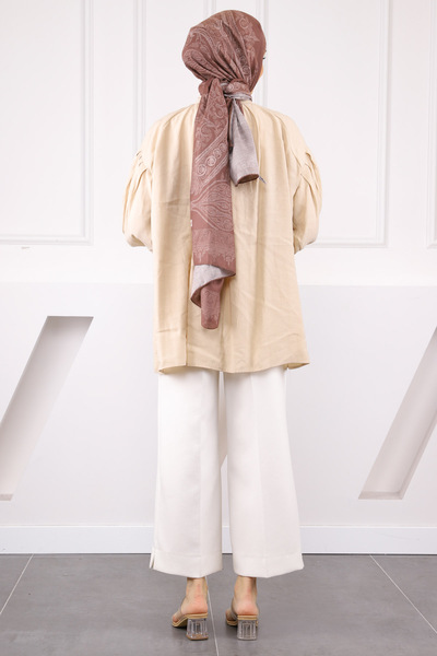 İmajButik Beige Collar Detailed Balloon Sleeve Tunic