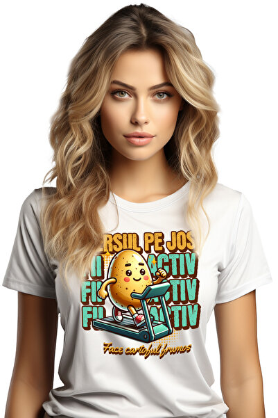 StoryGift Romania Tricou Femei cartof pe banda de alergat text mersul pe jos face cartoful frumos WHT_S