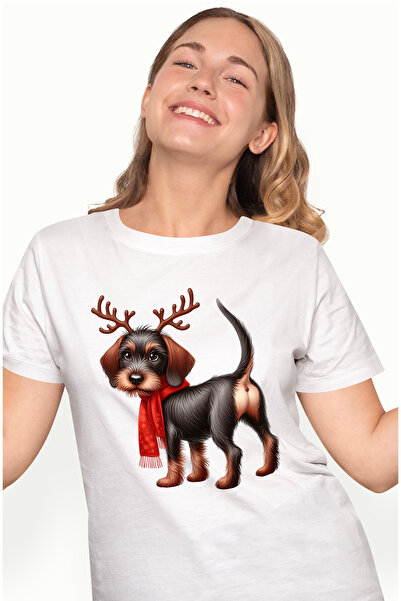 StoryGift Romania Tricou Femei cu un caine care poarta niste coarne de ren, ilustratie, fular, fri WHT_M