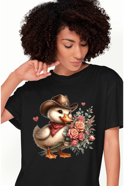 StoryGift Romania Tricou Femei cu o rata cu palarie de cowboy, ilustratie, Vestul Salbatic, tine u BLK_M