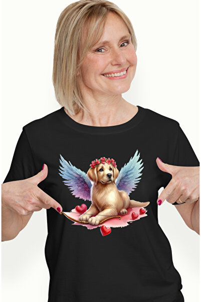 StoryGift Romania Tricou Femei cu un catel Cupidon, ilustratie, coroana de flori, inimioare, arc, BLK_M
