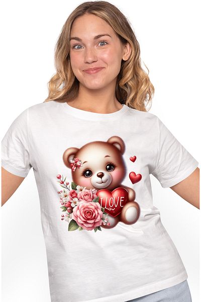 StoryGift Romania Tricou Femei cu un ursulet de plus care tine o inima in brate, cu mesajul "I lov WHT_S