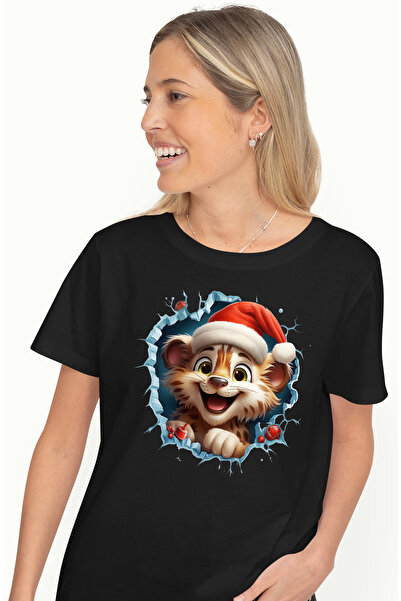 StoryGift Romania Women's T-shirt with a tiger cub wearing a Christmas hat st...