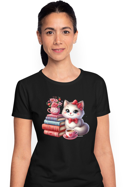 StoryGift Romania Tricou Femei cu o pisicuta vesela, cafea, fundite, teanc cu...
