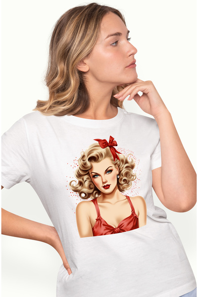 StoryGift Romania Tricou Femei cu femeie frumoasa cu maiou rosu, funda, blond...