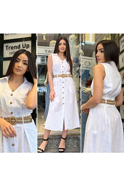 MAQRELL KETEN HASIR KEMER DETAYLI KENDİNDEN ÇİÇEK DESENLİ V YAKA KOLSUZ ÖNDEN...