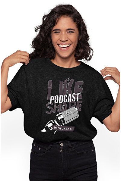 StoryGift Romania Tricou Femei microfon de pdcast like ands share discutii cu imprimeu pe Fata, 10 BLK_L