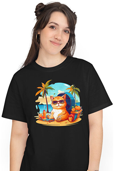 StoryGift Romania Tricou Femei cu o pisica la mare, ilustratie, relaxare, apa...
