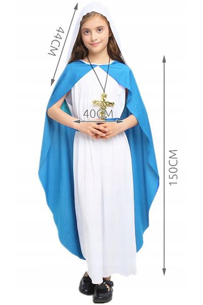 zola Costum pentru copii, Sfanta Maria, 6-12 ani, roba, pelerina, centura din material, alb cu albastru