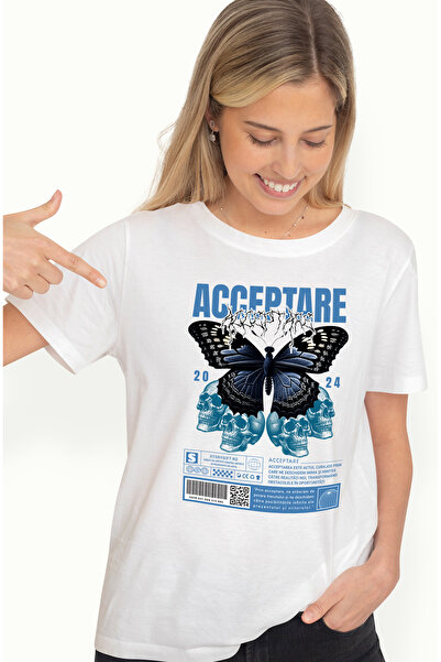 StoryGift Romania Tricou Femei Acceptare - Fluture si Cranii, cu imprimeu pe Fata, 100% Bumbac, A WHT_XL